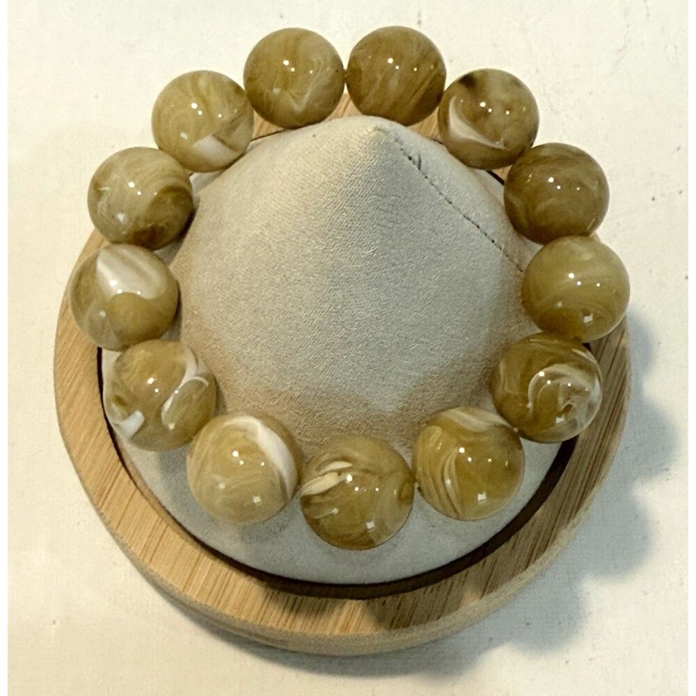 Vtg Natural Mother Of Pearl Round Womens Stretch Bracelet Brown White Beads